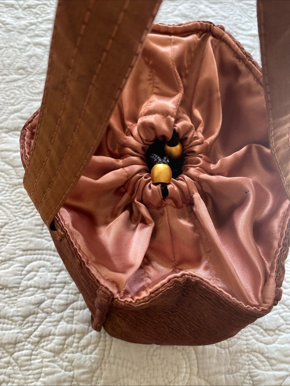 Jim Thompson Silk Mini Tote in Iridescent Rust Brown/ Deep Blush Pink Drawstring - Picture 14 of 16